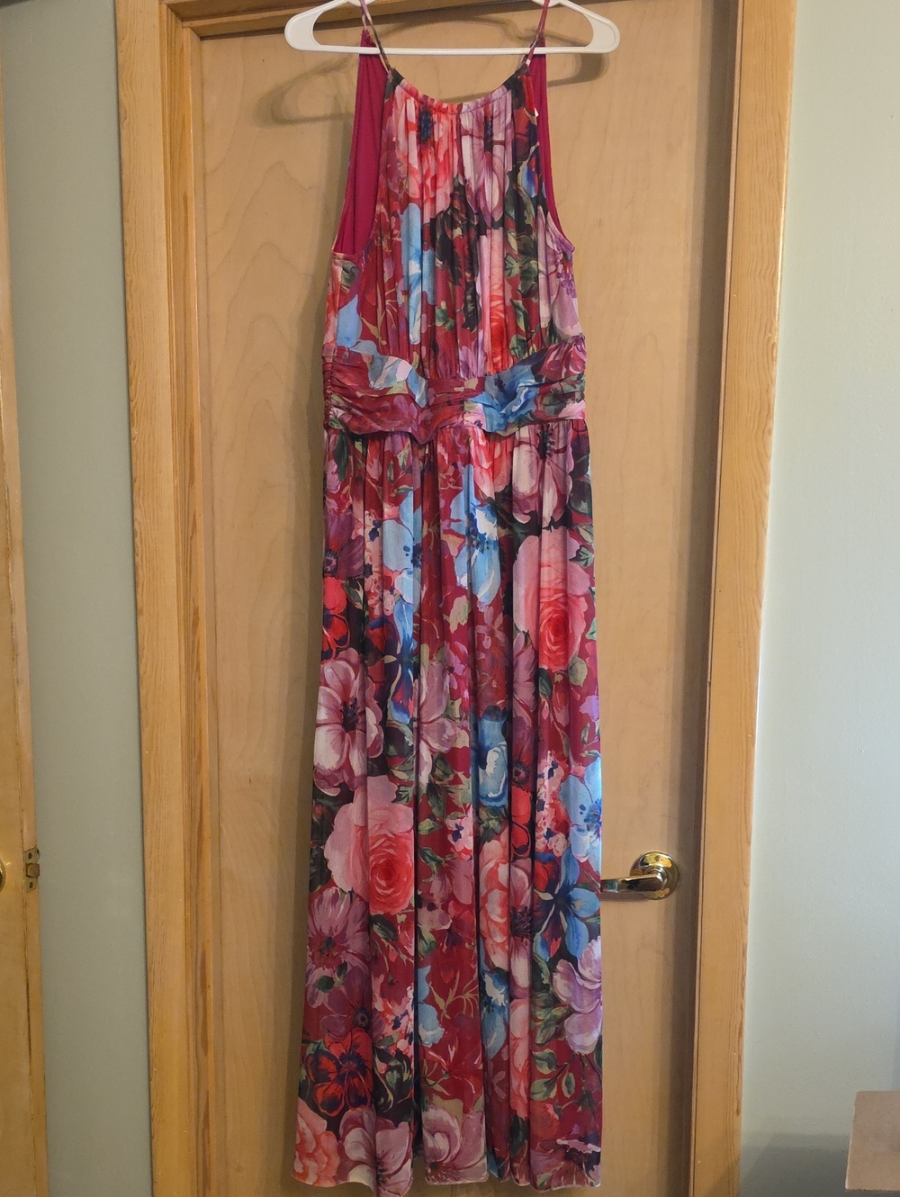 London Times Womens Floral Halter Maxi Dress in Magenta and Blue